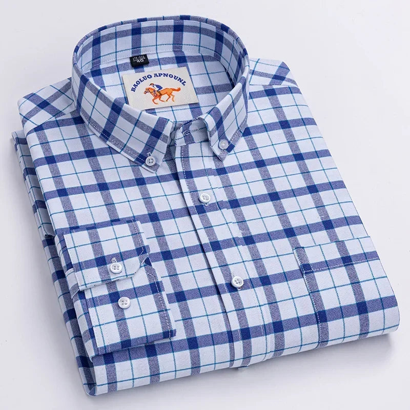 Casual puro algodão oxford camisas masculinas manga longa bordado cavalo design regular ajuste moda botão homem vestido branco camisa