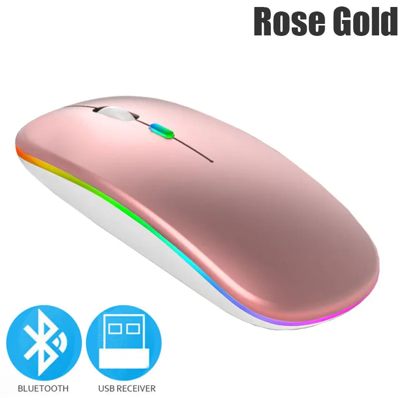 Rato sem fio bluetooth 5.0 com usb recarregável rgb luz para computador portátil computador pc macbook gaming mouse 2.4ghz 1600dpi