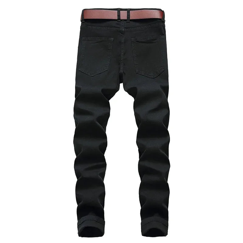 2025 Buraco Denim Calças Maré Marca dos homens Ruined Hole Jeans Sólido Slim All-match High Street Hip Hop Calças Vermelho Branco Tamanho Grande