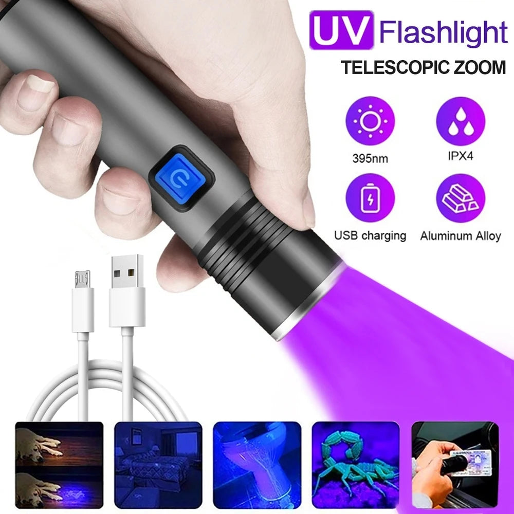 Lanterna USB recarregável 365nm lanterna uv de alumínio portátil luz ultravioleta tocha luz preta detector de urina para animais de estimação lanternas pretas
