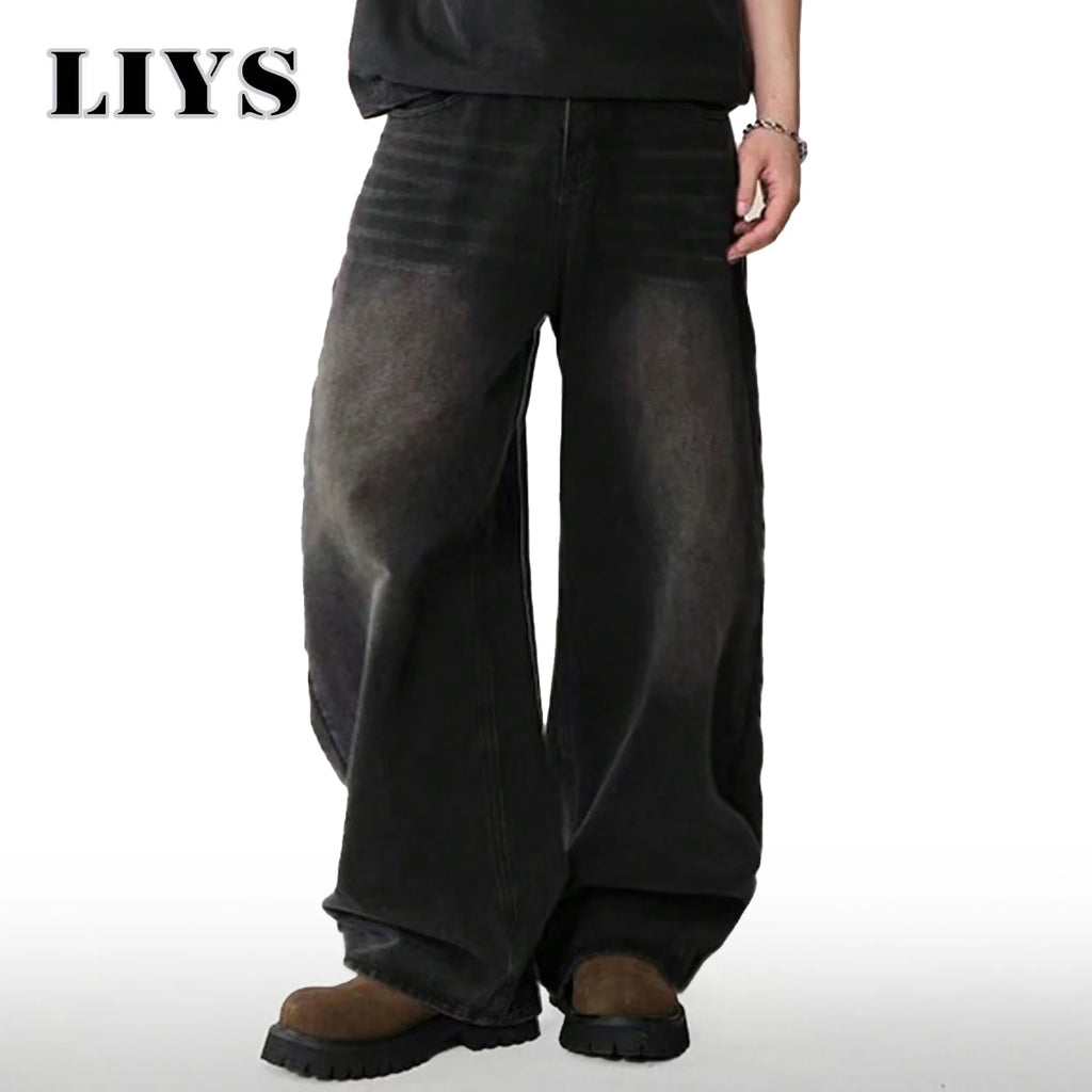 Calça jeans masculina de quatro estações, versão coreana, estudante, casual, alta rua, reta, solta, perna larga, preto, cinza, azul, baggy jean