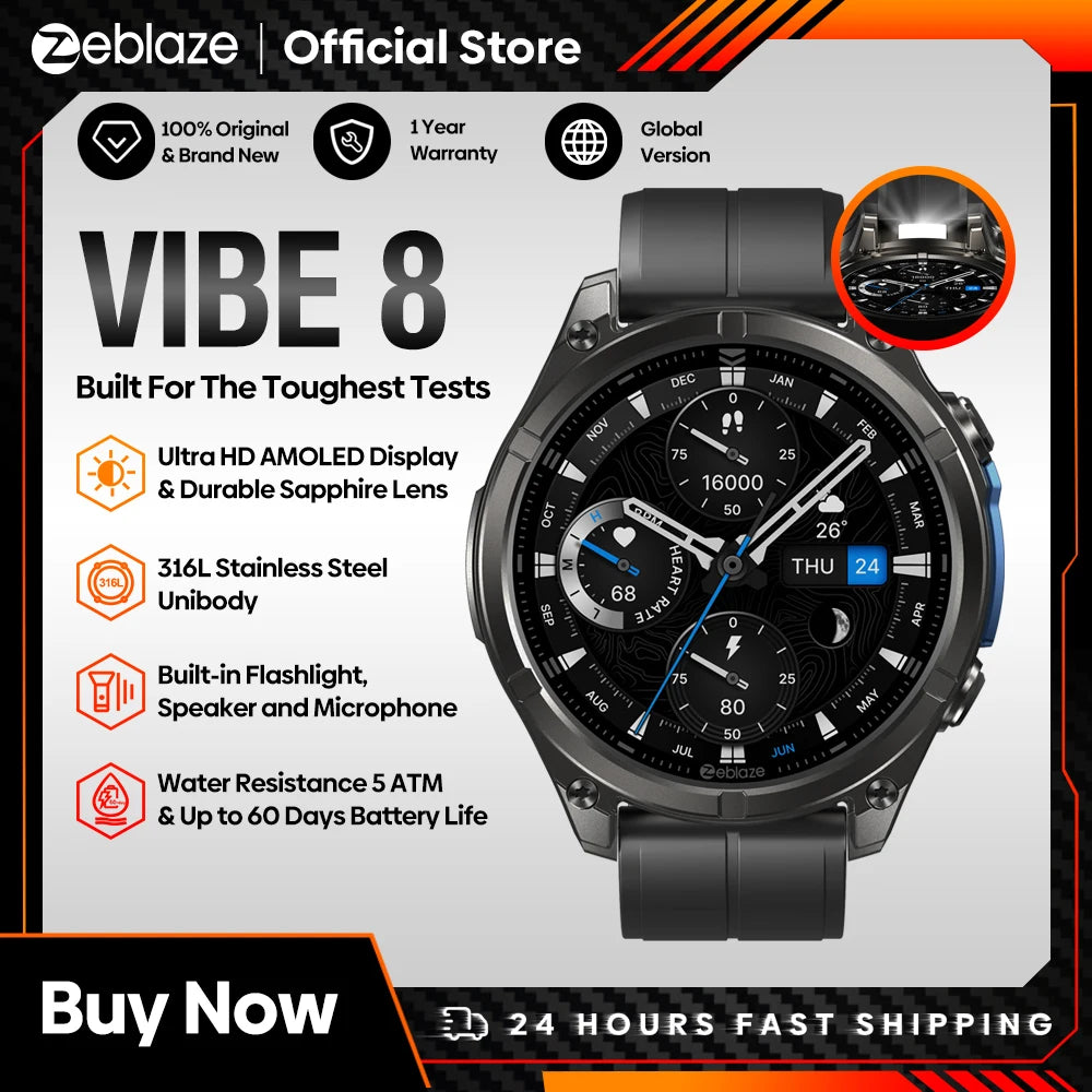 Novo 2025 zeblaze vibe 8 chamadas de voz 1.43 "display amoled relógio inteligente lanterna embutida freqüência cardíaca pressão arterial relógio inteligente