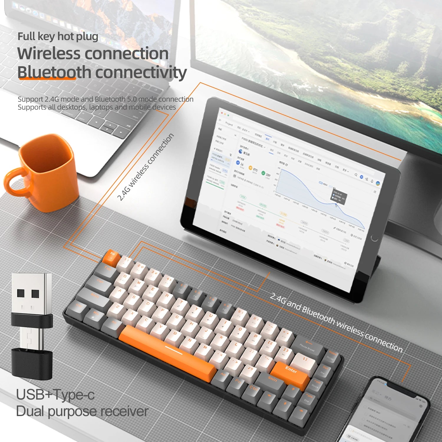 60% teclado mecânico sem fio bluetooth modo duplo hot-swap ziyoulang k68 mini teclado 68 teclas interruptor vermelho para pc/iphone ipad