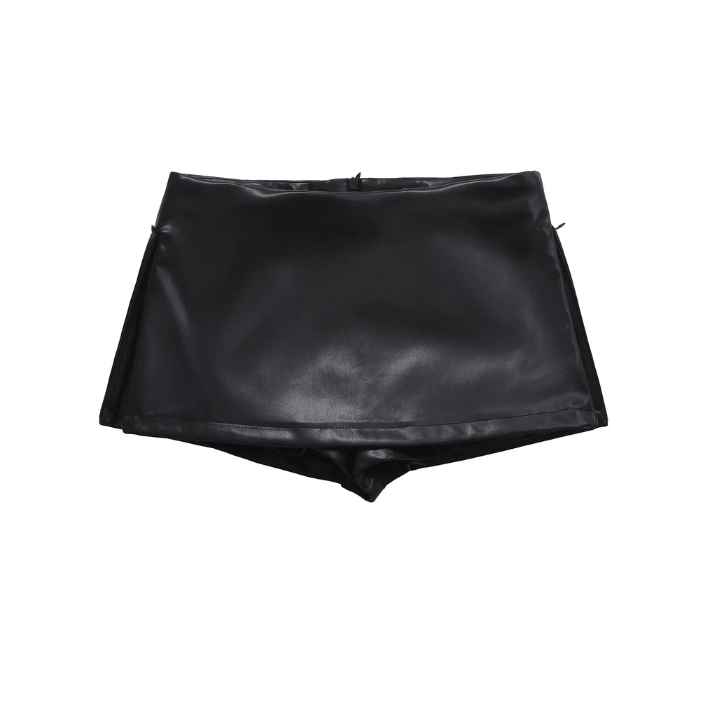 Mini saias de couro falso elegante moda coreana preto saias do plutônio para mulher saia de cintura baixa zip up saia dividida com shorts marrom