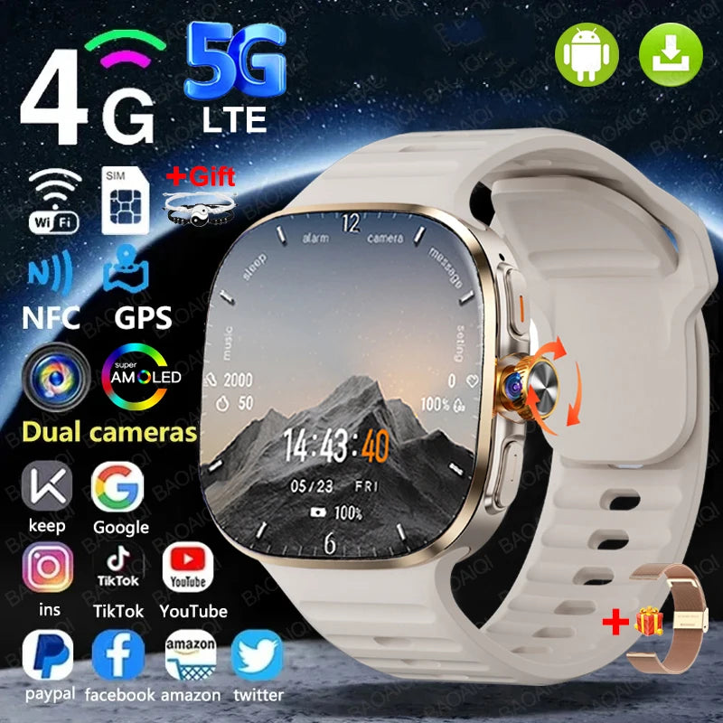 Relógio Inteligente 5G com Tela AMOLED HD de 720*720, Chamada de Vídeo, 8GB+128GB RAM, GPS, WIFI, Google Play, Relógio Inteligente com Previsão do Tempo