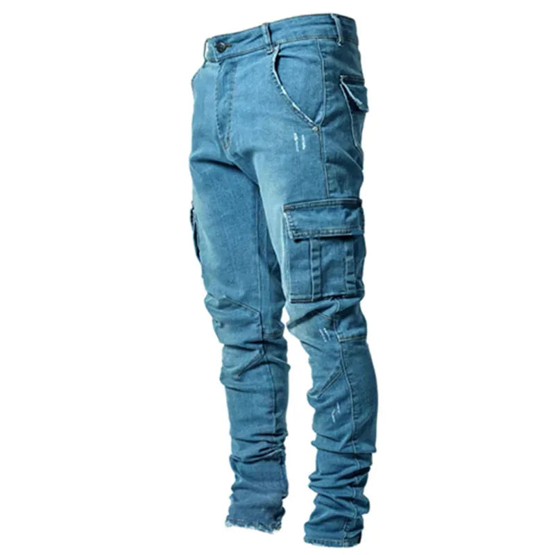 Novos calças de brim dos homens lavar cor sólida multi bolsos denim meados de cintura carga jeans plus size fahsion calças casuais masculino uso diário