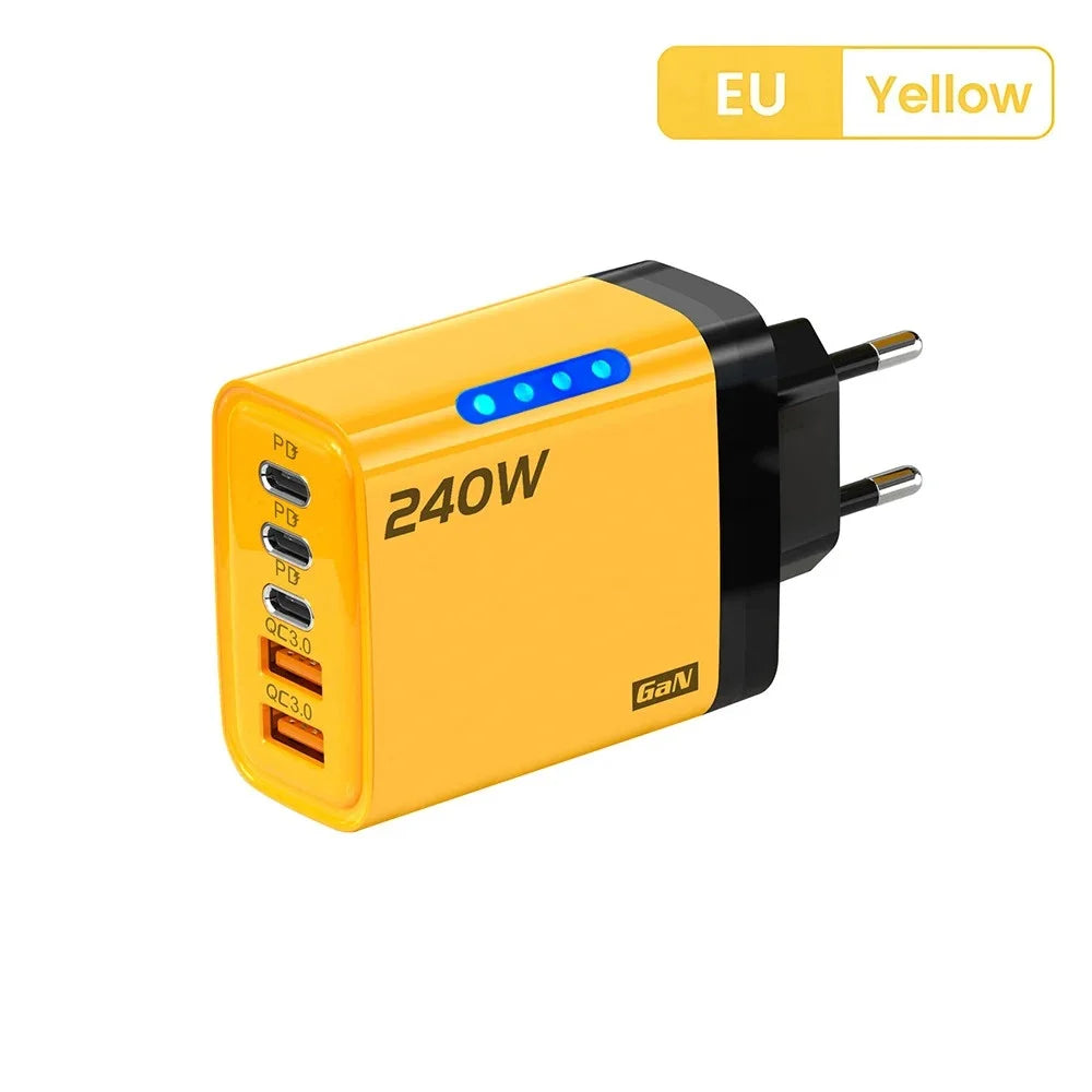 Carregador de Mesa USB C GaN 240W 5 em 1, Adaptador de Carregamento Rápido para Telefone, Cabo Tipo C 10A para iPhone, Samsung, Xiaomi, Carregador com Plugue EU/US/UK