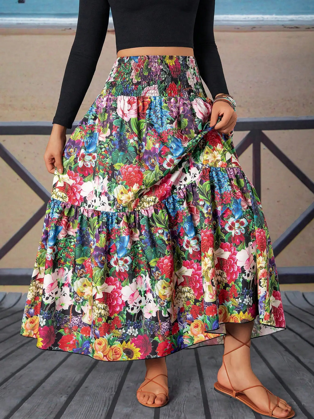Vestido Maxi Floral com Cintura Plissada para Mulheres, Ideal para Férias e Praia