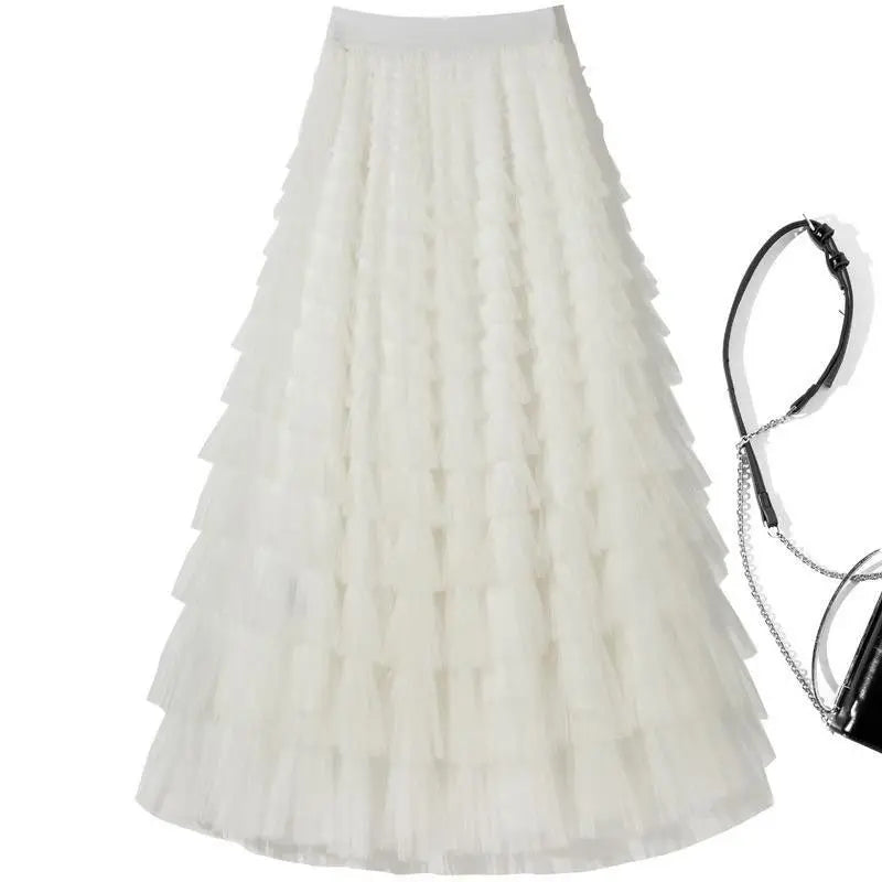 Saia de Camadas em Tule Estilo Princesa com Cintura Elástica, Vestido Longo Estilo Coreano, Saia Midi de Cintura Alta em Teci...