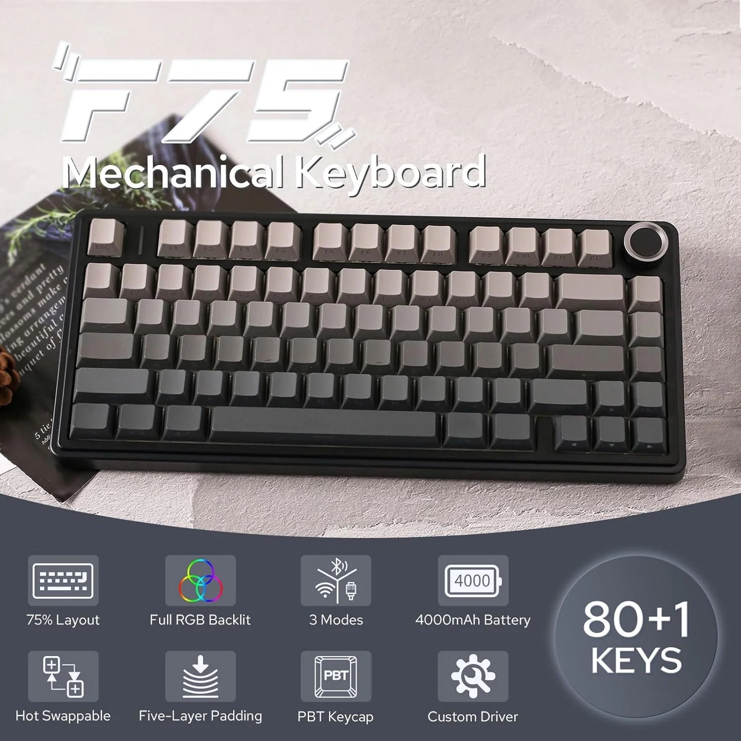 AULA F75 Teclado Mecânico Sem Fio Hotswap Junta Teclado para Jogos 75% Layout para PC para Laptop