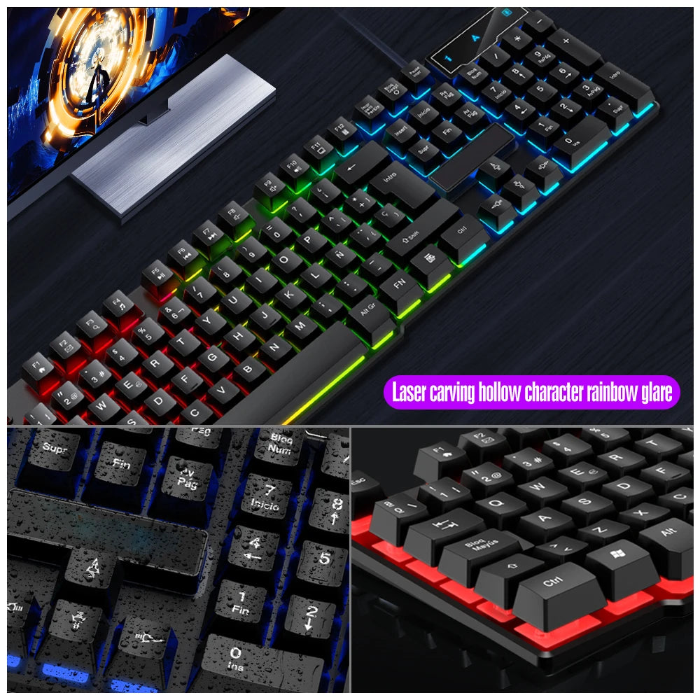 Teclado com Fio T20, Acessórios para Computador, Teclado Russo e Espanhol, USB, Retroiluminado RGB, Teclas Mecânicas, Padrão 104 Teclas