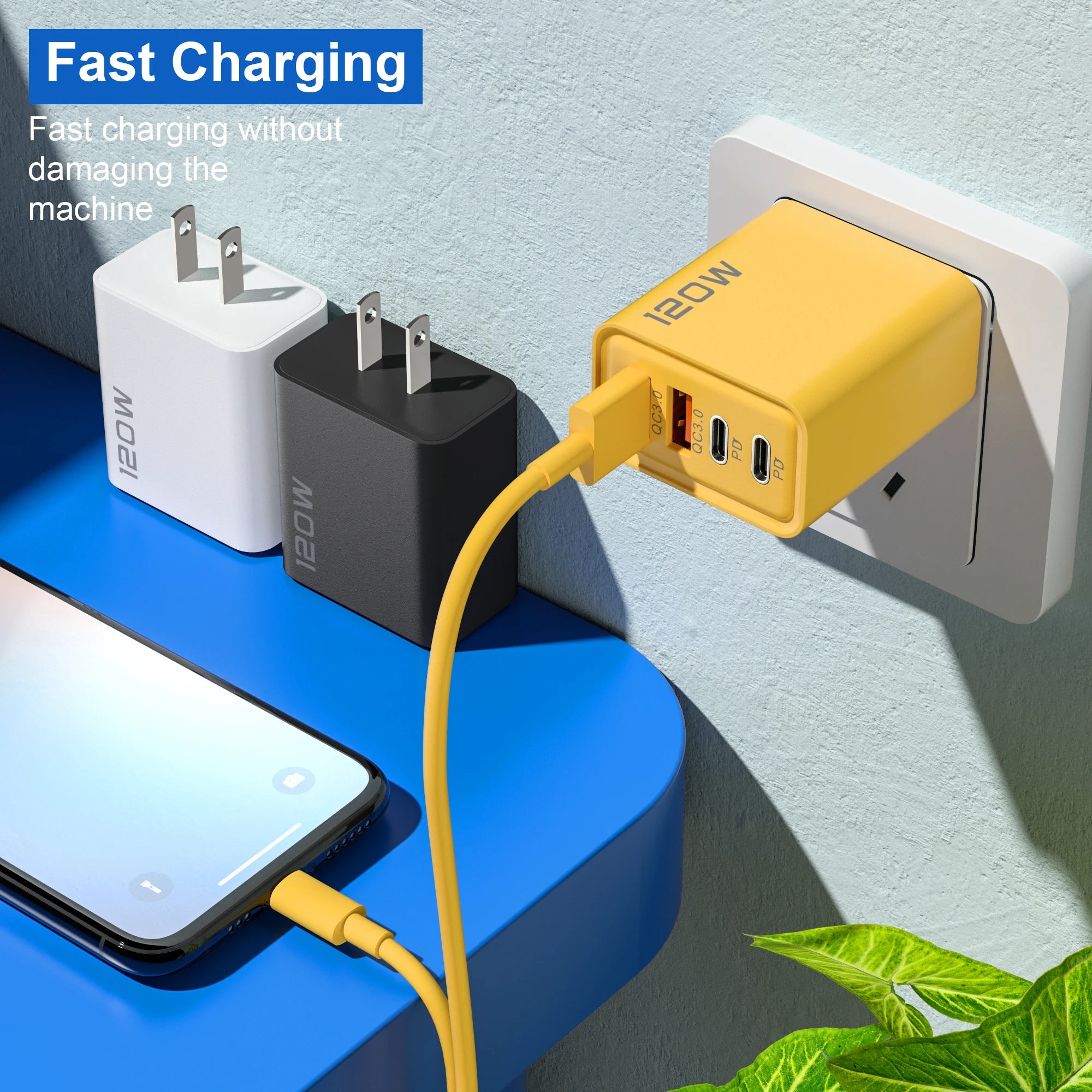 Carregador de 4 portas 120W com Quick Charge 3.0, USB C PD Tipo C, carregador de celular com carregamento rápido para iPhone, Samsung, Xiaomi, Huawei
