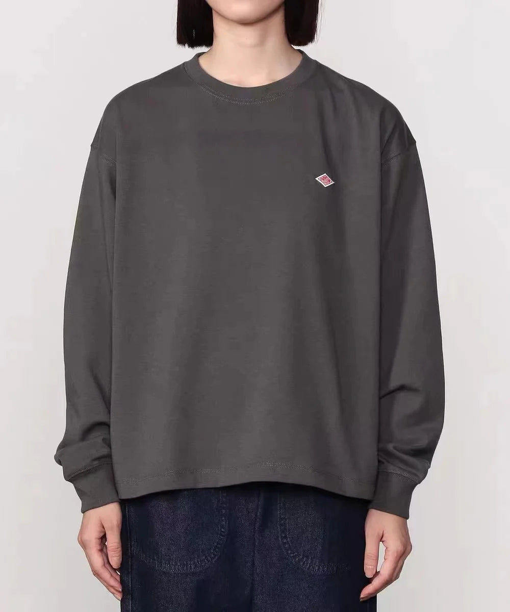Primavera exportada para o japão estilo clássico moda sólida simples solta manga longa camiseta de algodão topo homem pequena ícone bordado t