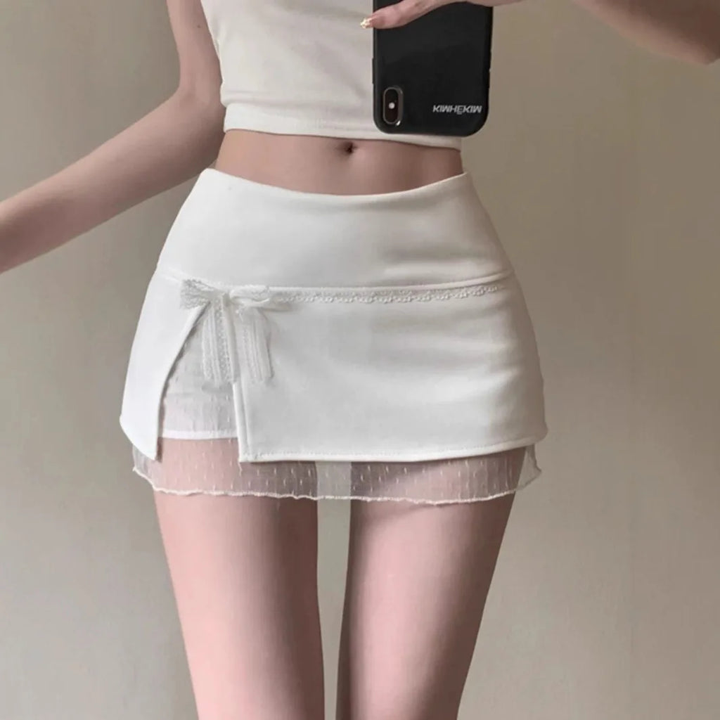 Saia  de Renda Kumikumi com Patchwork, Cintura Alta, Estilo A-Line, Saias de Verão para Mulheres, Com Laço de Borboleta, ...