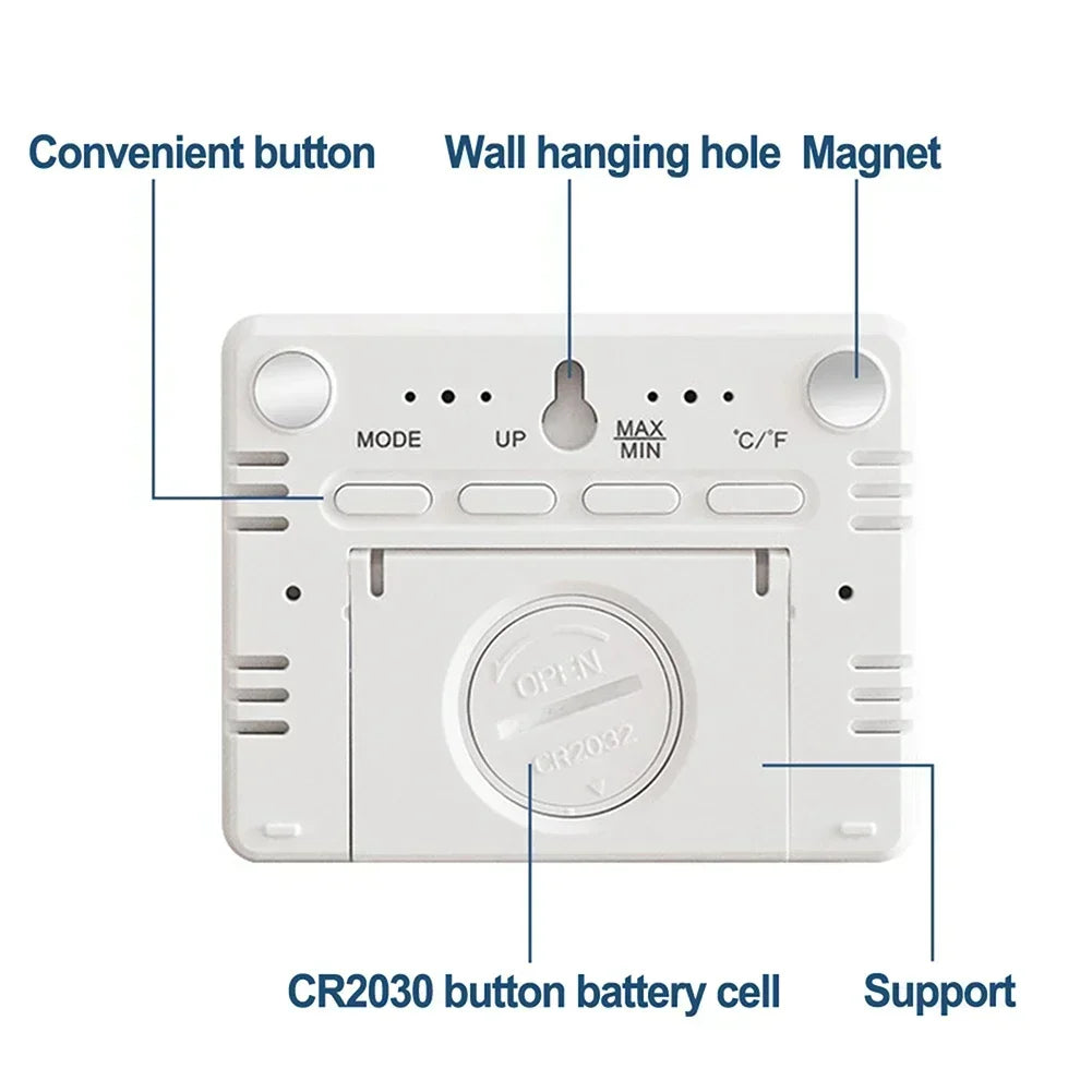 Relógio eletrônico de temperatura multifuncional com bateria cr2030 alimentado 3.5x2.7x0.6 polegadas acessórios magnéticos de parede pendurada lcd