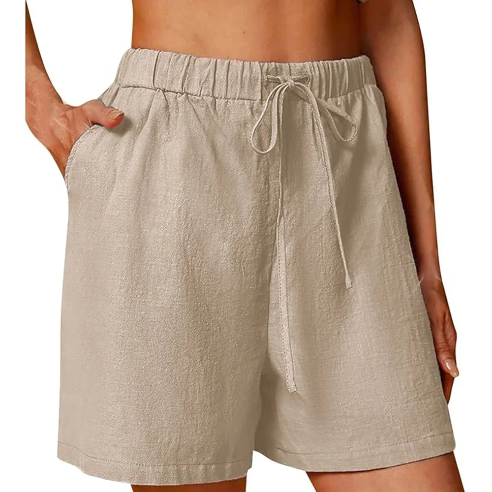 Verão feminino casual shorts cordão cor sólida algodão linho calças curtas feminino solto em linha reta jogging ao ar livre streetwear