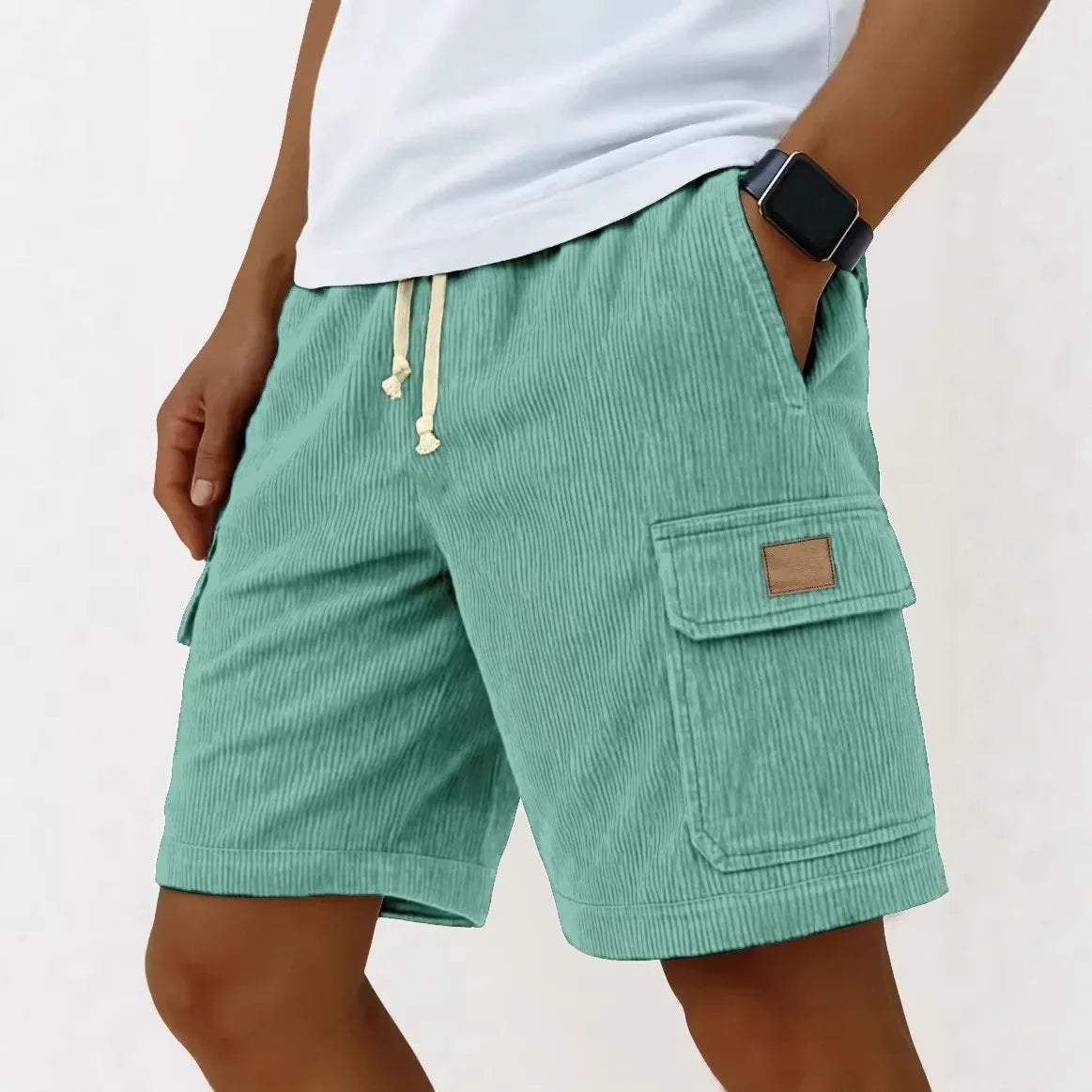 Bermudas Cargo Vintage Masculinas: Calções de Verão Modernos em Corduroy, Casuais, Cor Sólida, Esportivos e Respiráveis