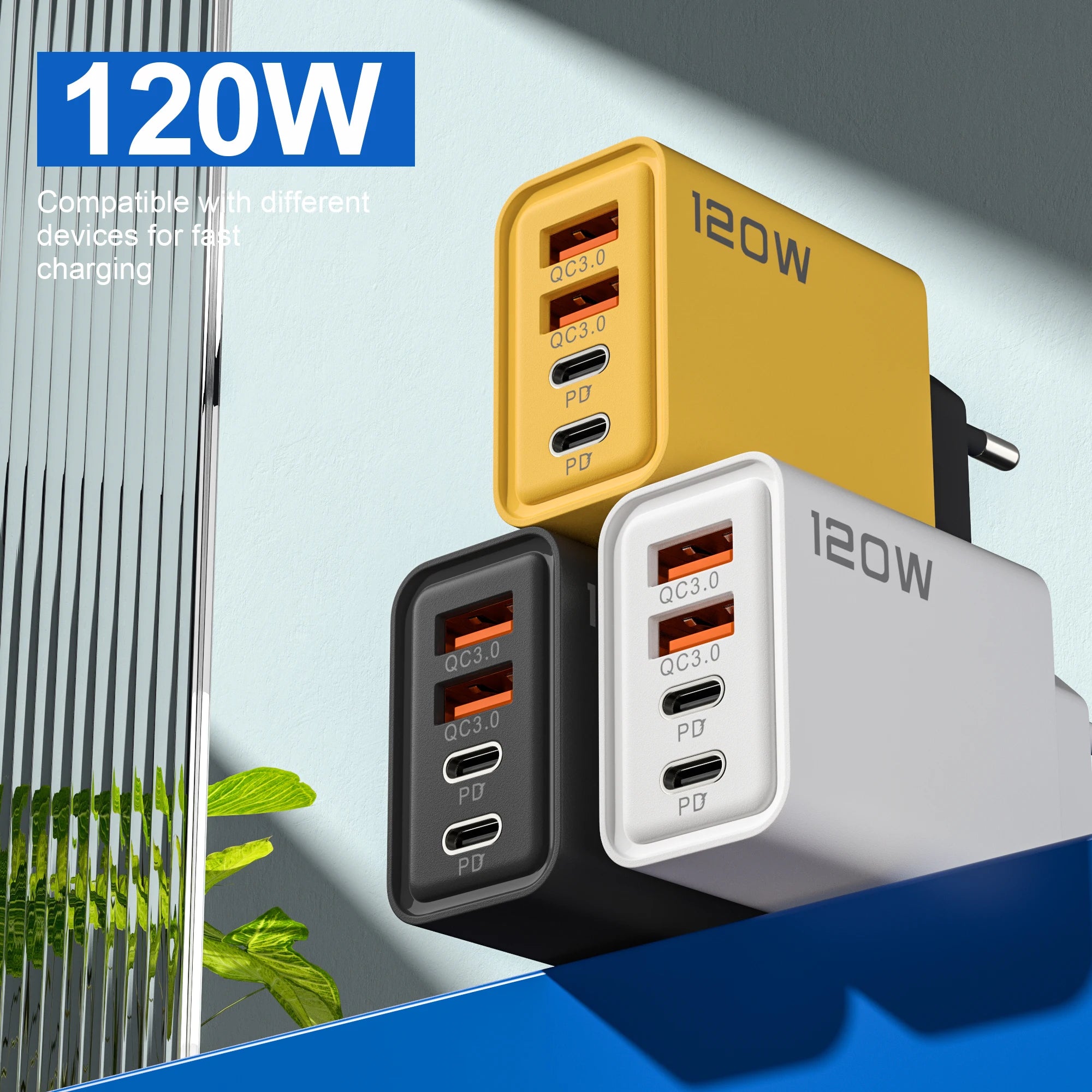 Carregador de 4 portas 120W com Quick Charge 3.0, USB C PD Tipo C, carregador de celular com carregamento rápido para iPhone, Samsung, Xiaomi, Huawei