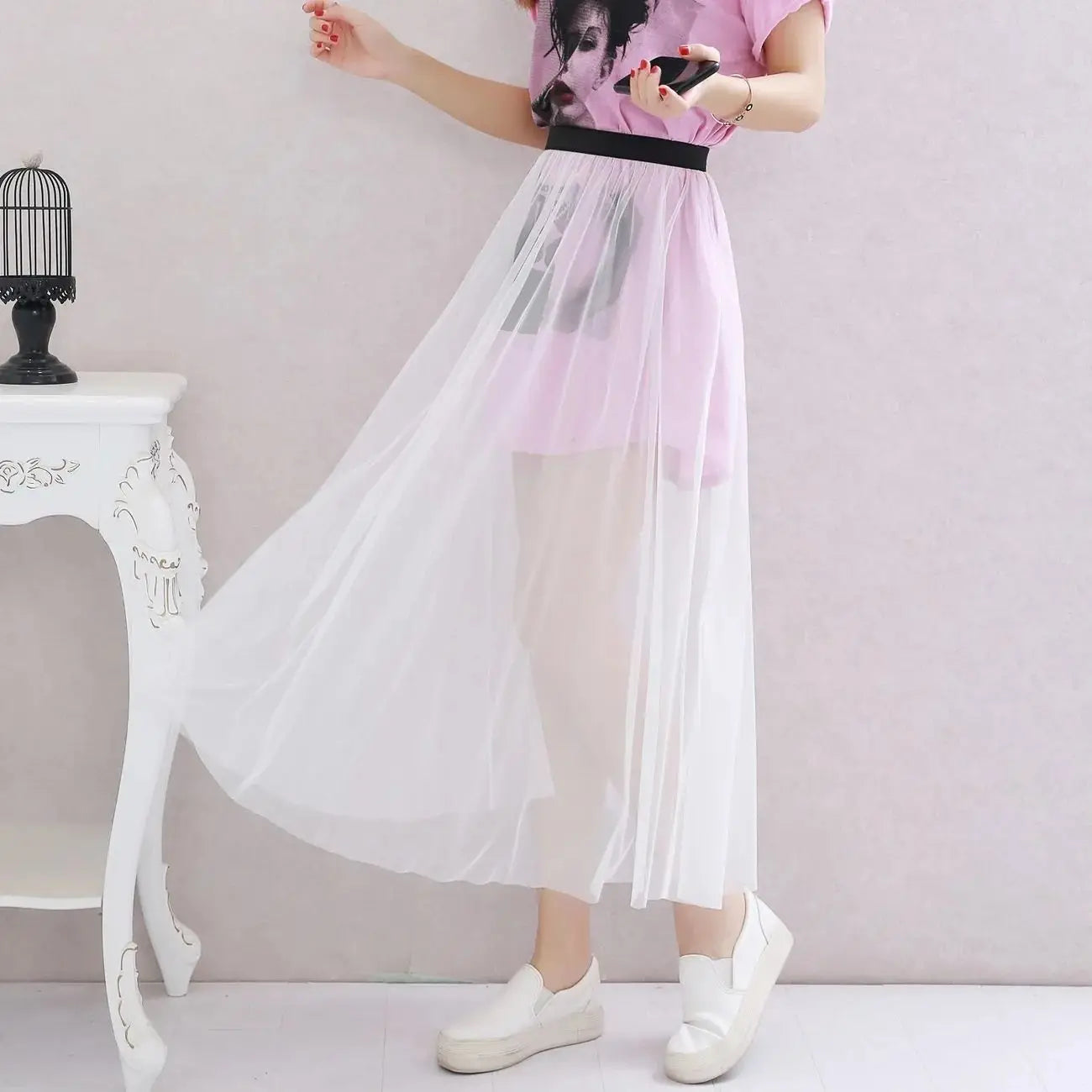 Saia de Camadas em Tule Estilo Princesa com Cintura Elástica, Vestido Longo Estilo Coreano, Saia Midi de Cintura Alta em Teci...