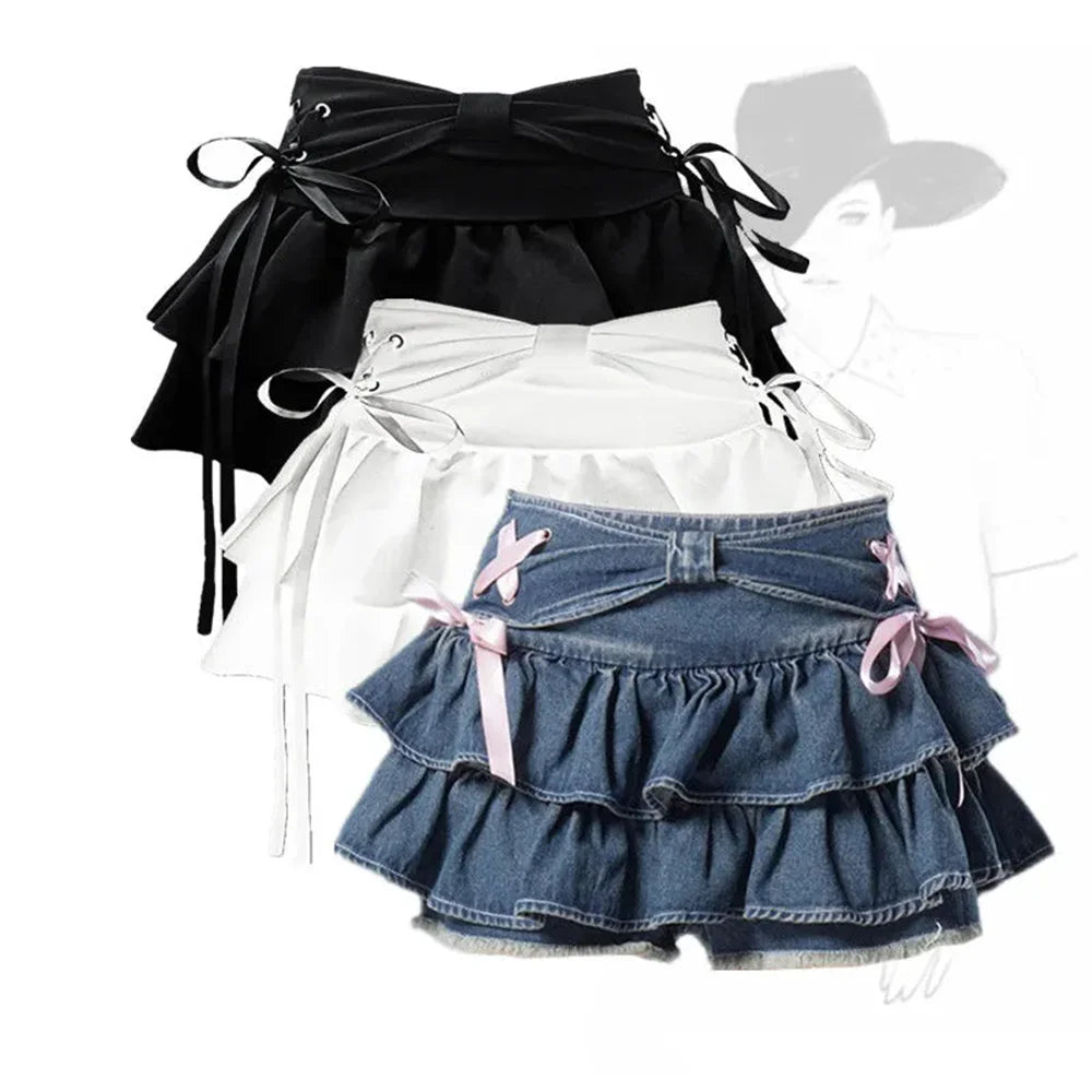 Saias Góticas Denim A-Line, Laço Kawaii, Roupa Vintage, Streetwear Americano, Sexy, Doce, Nova Moda, Y2K, Verão, Hot Girl
