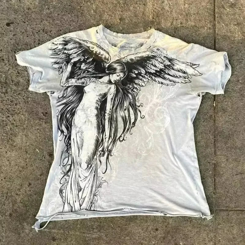 Clássico y2k estilo gótico camiseta impressão oversized t camisa camisas de rua alta gótico em torno do pescoço algodão topos nova camisa das mulheres dos homens