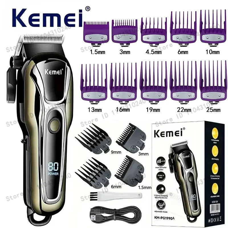Máquina de Cortar Cabelo Elétrica Multifuncional Kemei Km-PG1990A, Aparador Recarregável Profissional com Cabeça Ajustável