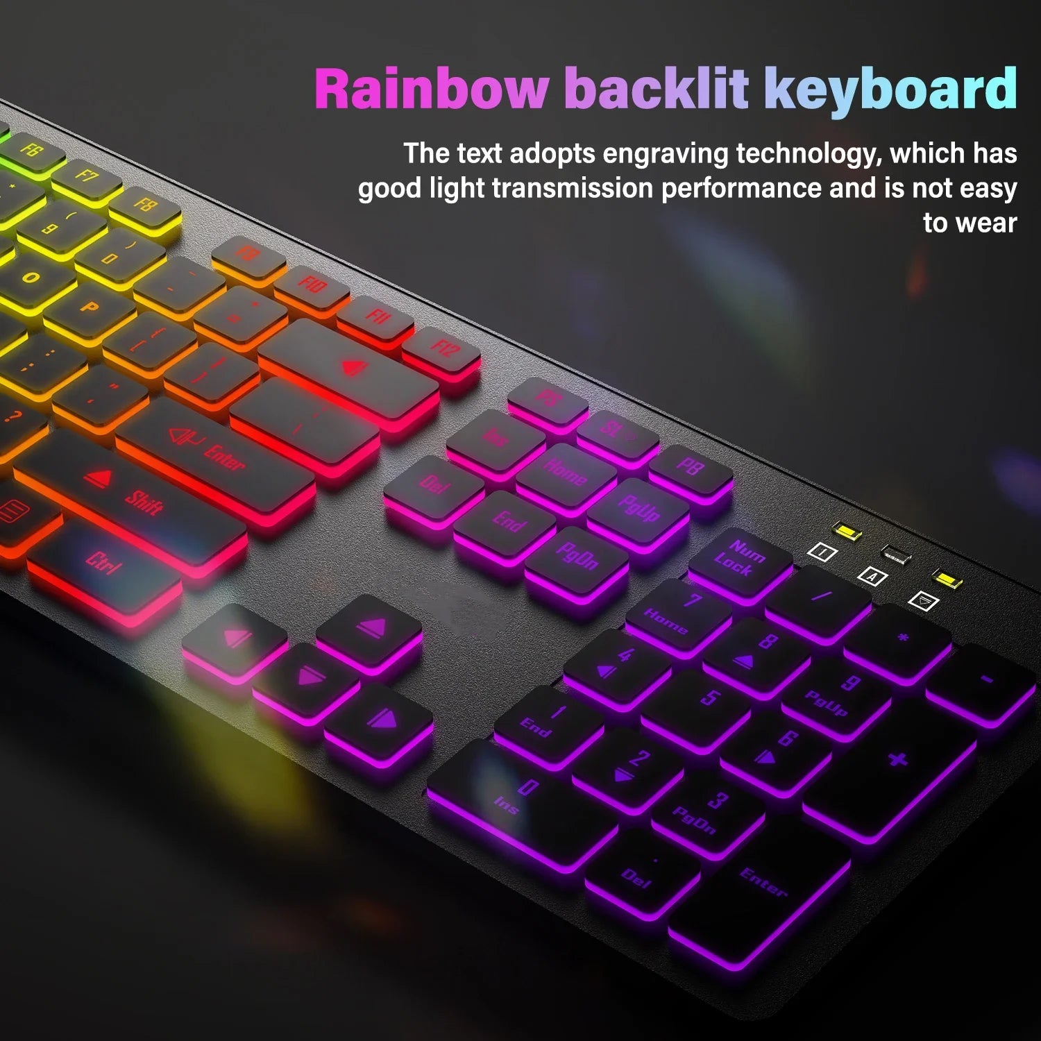 Teclado para jogos de computador com iluminação RGB, silencioso, com fio, USB, para escritório e casa, em russo, francês, espanhol, alemão, árabe e inglês.