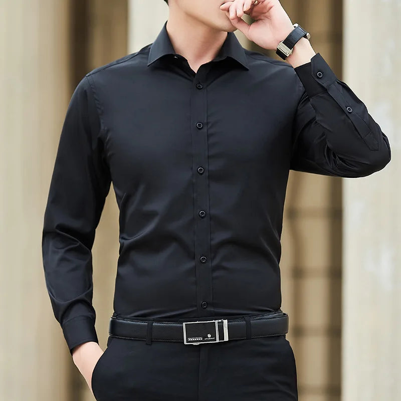 Novo plus size masculino cor sólida camisa de negócios moda clássico básico casual magro branco manga longa camisa roupas marca