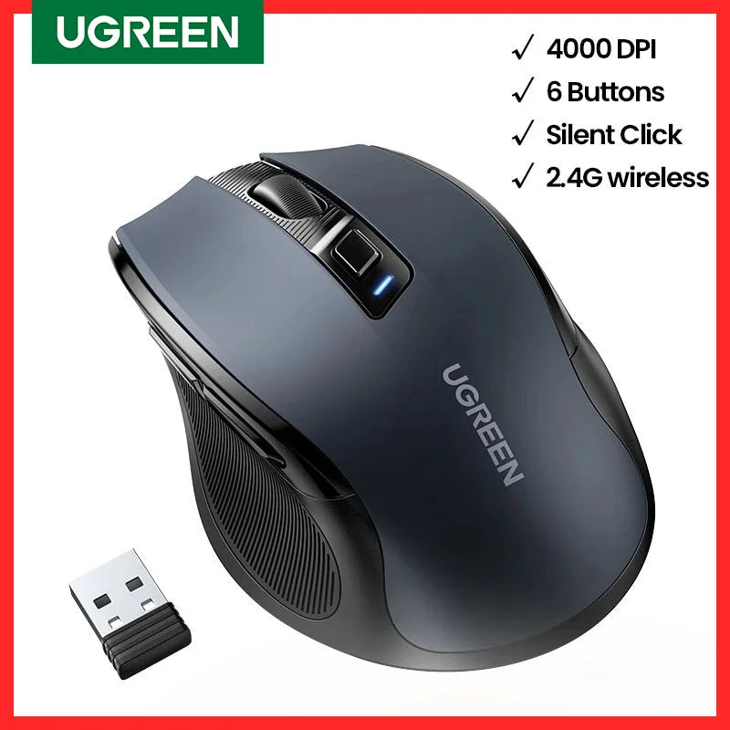 Ugreen mouse ergonômico sem fio 4000 dpi silencioso 6 botões para macbook tablet portátil mudo ratos silencioso 2.4g mouse