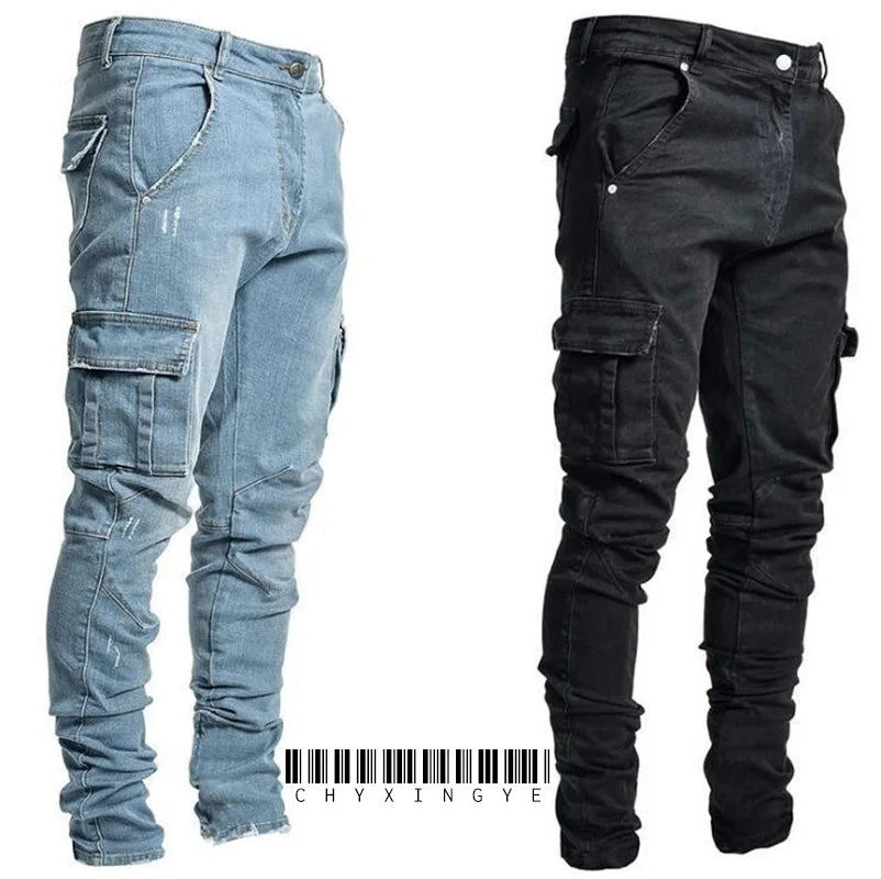 Novos calças de brim dos homens lavar cor sólida multi bolsos denim meados de cintura carga jeans plus size fahsion calças casuais masculino uso diário