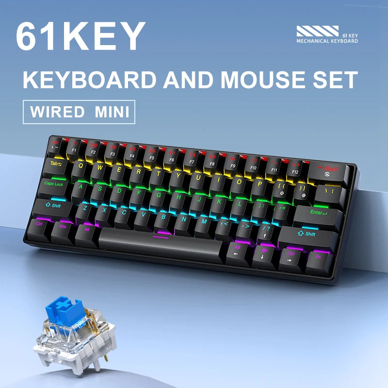 APAYADO K61 Mini teclado mecânico, com fio, 61 teclas, Phantom RGB, interruptor mecânico preto/branco vermelho/azul para jogos, 60% portátil