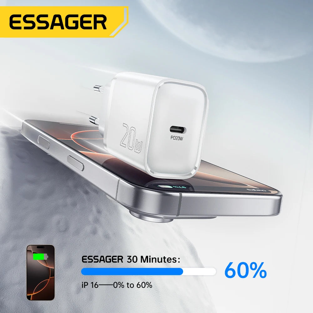 Essager 20W USB Tipo C Carregador PD Carregamento Rápido para iPhone 16 15 14 Pro Carga Rápida 3.0 Carregador de Celular para Samsung
