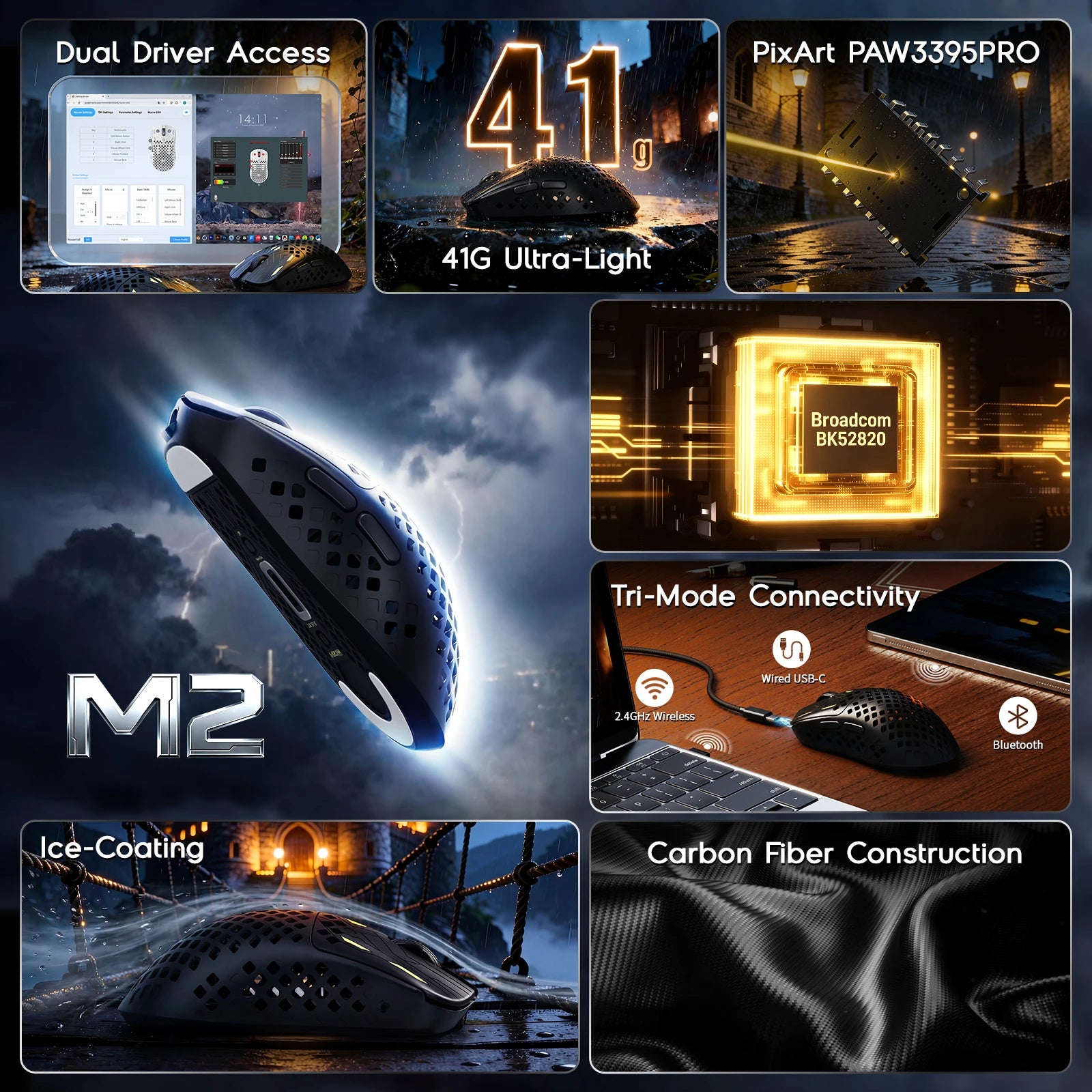 Mouse Gamer Sem Fio MAMBASNAKE M2 Ultra-Leve, Sensor PAW3395PRO 40000 DPI, Fibra de Carbono 41g, Tri-Modo