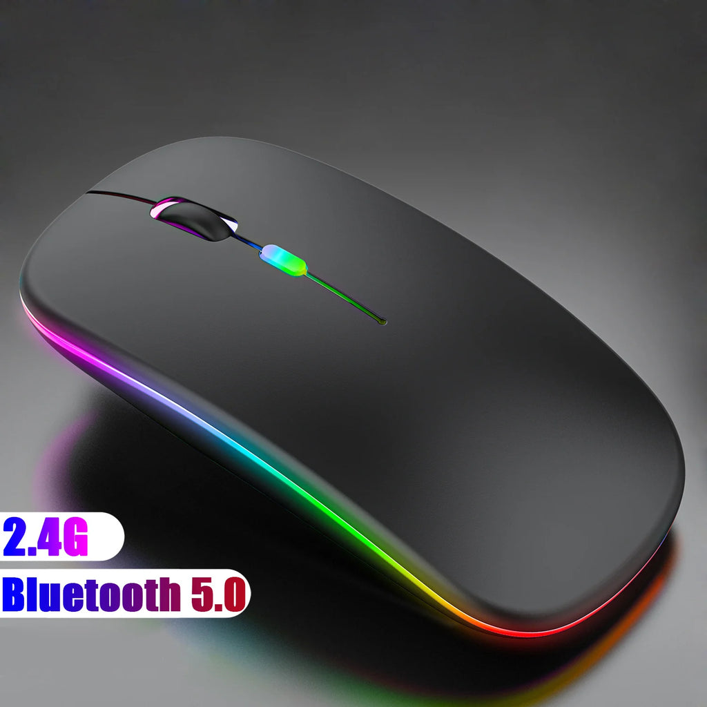 Rato sem fio bluetooth 5.0 com usb recarregável rgb luz para computador portátil computador pc macbook gaming mouse 2.4ghz 1600dpi