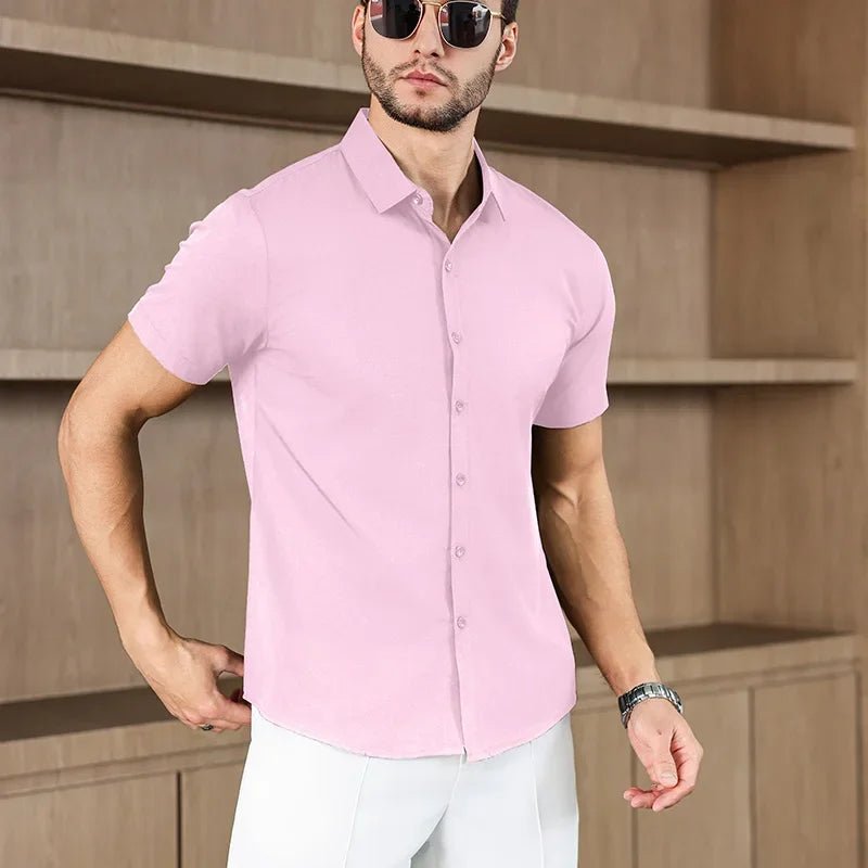 Novo negócio masculino casual cor sólida camisa de manga curta para moda verão sem engomar confortável e versátil topo