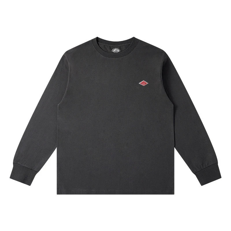 Primavera exportada para o japão estilo clássico moda sólida simples solta manga longa camiseta de algodão topo homem pequena ícone bordado t