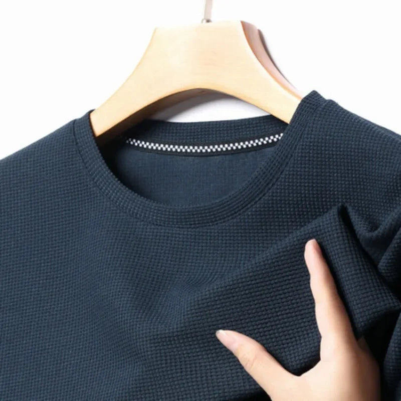Novo verão waffle em torno do pescoço manga curta camiseta para homem de manga curta topo