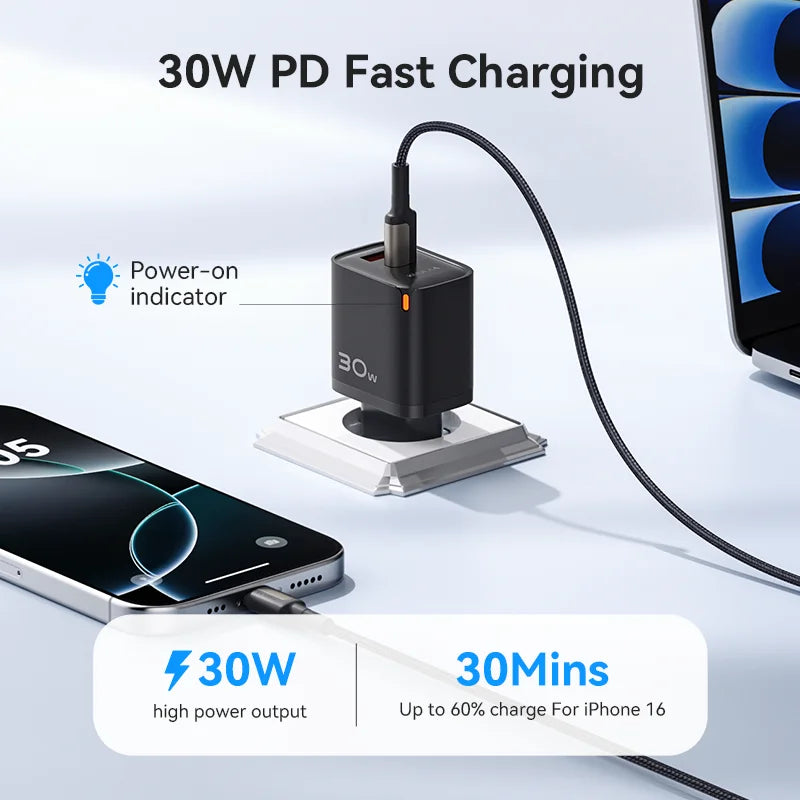 KUULAA 30W GaN Carregador PD 3.0 QC4.0 USB C Carregador Para iPhone 17 16 15 Pro Samsung S25 Xiaomi Tablet iPad Air Pro Carregador de telefone