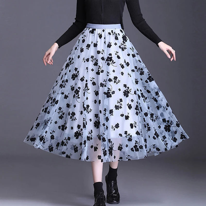 Mulheres coreanas saia de tule moda verão gancho floral solto midi saia elegante feminino casual todos os jogos saias de malha novo