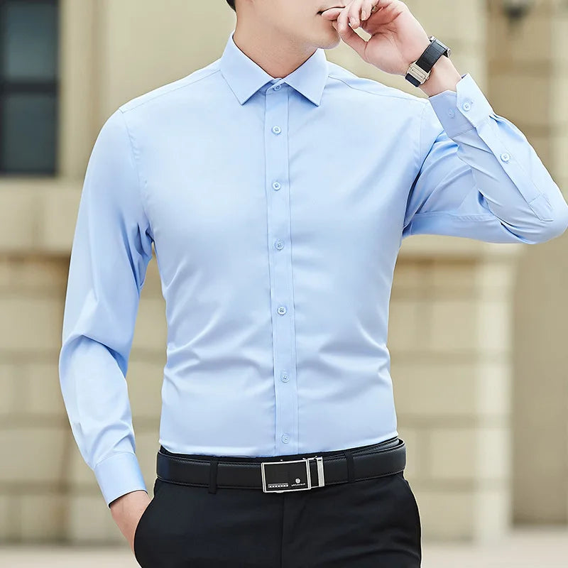 Novo plus size masculino cor sólida camisa de negócios moda clássico básico casual magro branco manga longa camisa roupas marca