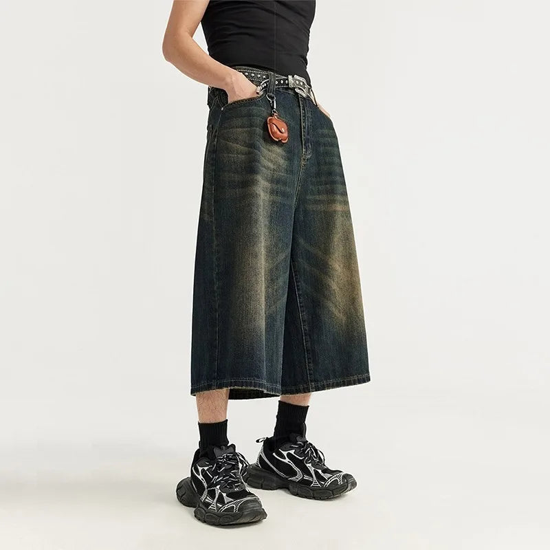 Shorts Jeans Baggy Vintage Y2K de Cintura Alta com Perna Larga para Mulheres e Homens - Moda Oversize na Altura do Joelho