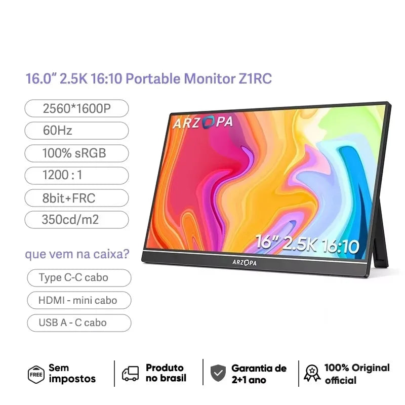 ARZOPA 16 "2.5K QHD Monitor Portátil 16:10 Tela IPS com Tipo-c Mini HDMI Segundo Display para MAC/Laptop/PC/Xbox/PS/Switch, Z1RC