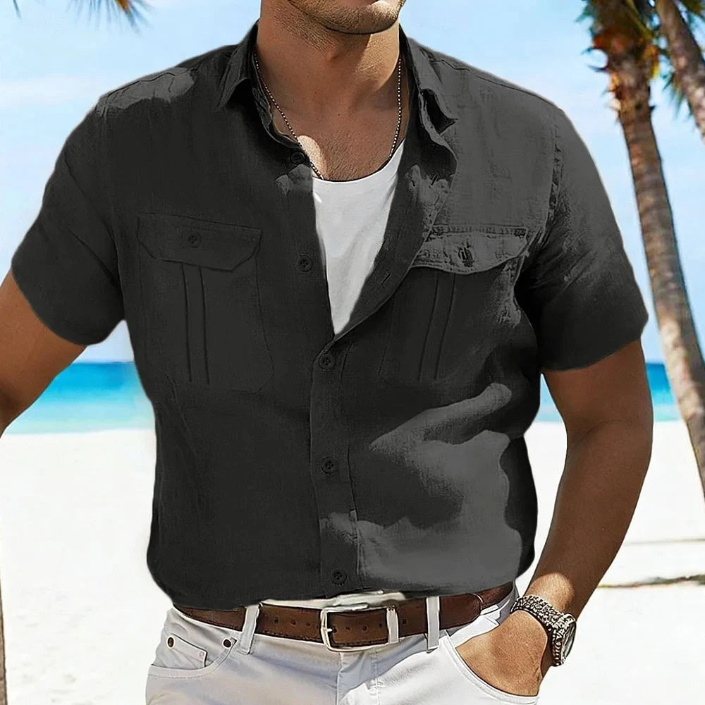 Camisa Masculina de Algodão e Linho para o Verão, Casual, Respirável, Confortável, com Botões, Design de Dois Bolsos, Cor Sólida, Leve