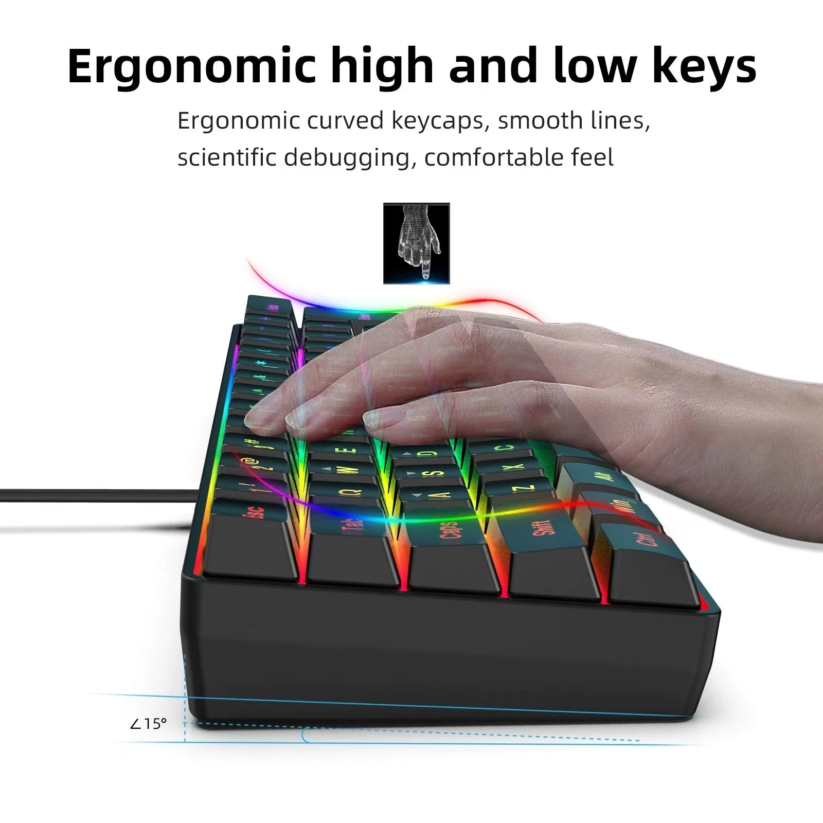 Teclado para jogos com fio 60%, mini teclado ultra compacto com luz de fundo RGB, teclado pequeno e compacto de 61 teclas à prova d'água para jogadores de PC/Mac