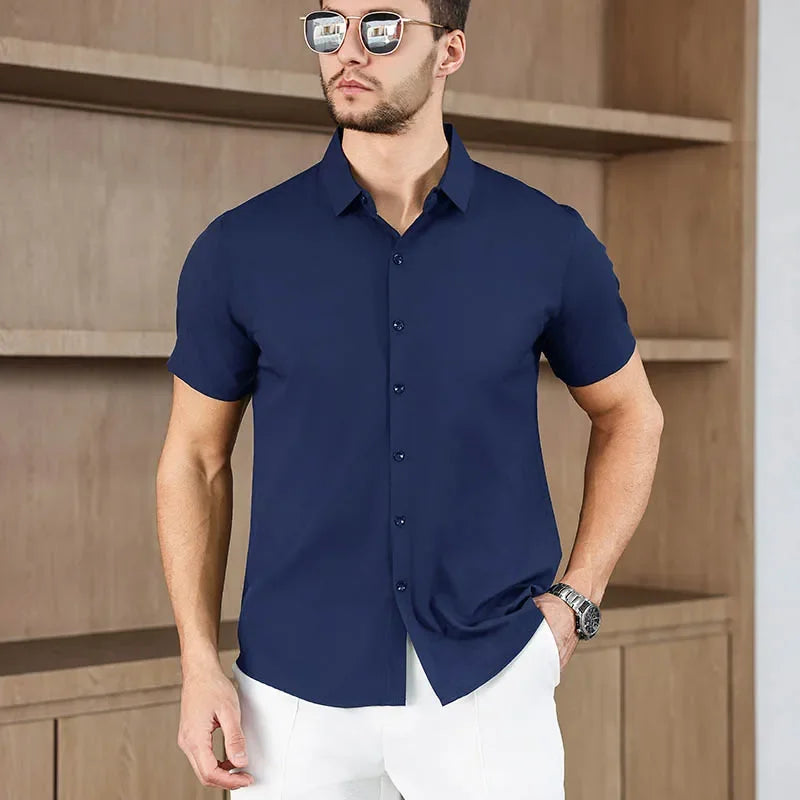 Novo negócio masculino casual cor sólida camisa de manga curta para moda verão sem engomar confortável e versátil topo