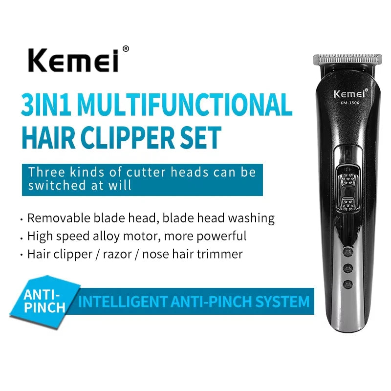Kemei KM-1506 3 em 1 máquina de cortar cabelo elétrica carregamento usb barbeador recarregável nariz aparador cabelo profissional máquina barbear