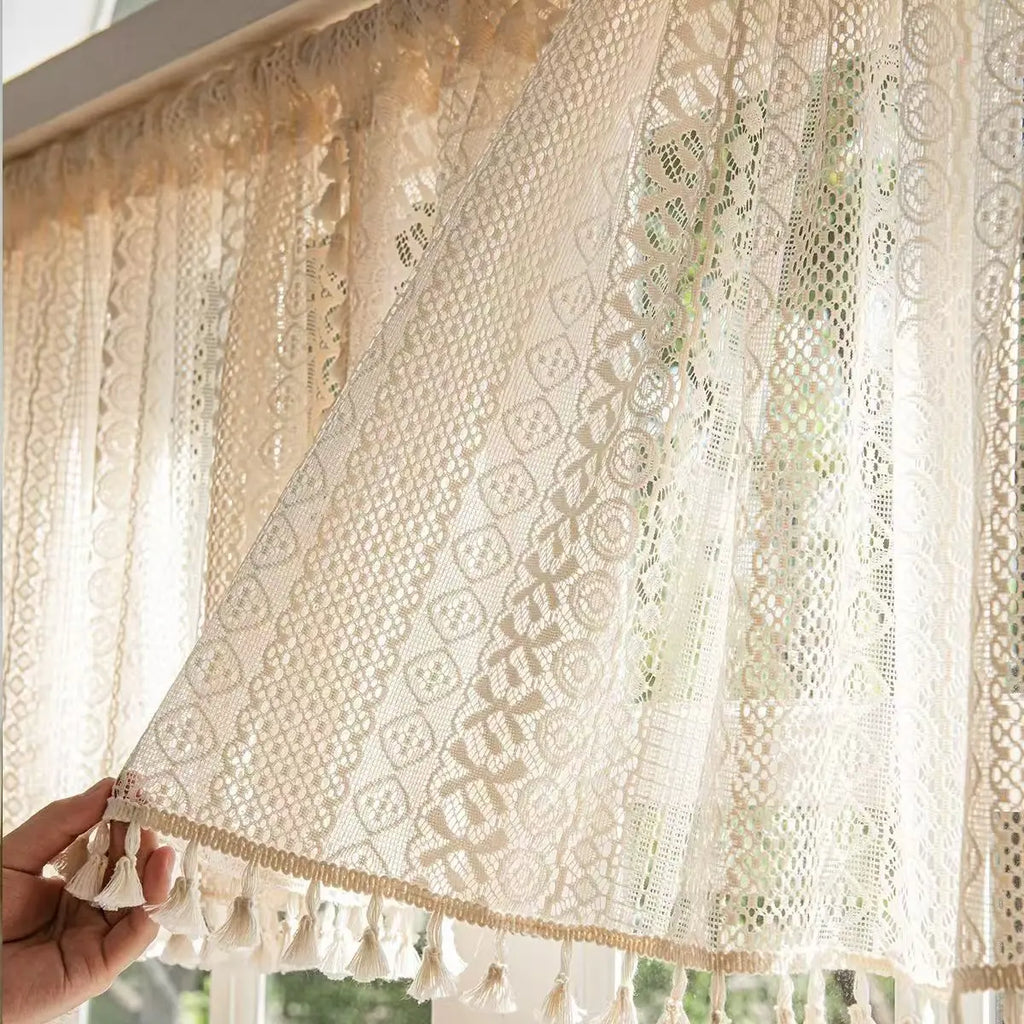 Cortina curta de borla suspensa com padrão circular bege, cortina curta de renda, sala de estar, quarto, cortina de cobertura de armário de cozinha