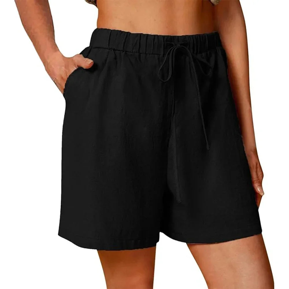 Verão feminino casual shorts cordão cor sólida algodão linho calças curtas feminino solto em linha reta jogging ao ar livre streetwear