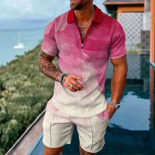 Agasalho de verão masculino terno esportivo conjunto 3d impresso casual manga curta t camisa lapela zip polo roupas masculinas jogging