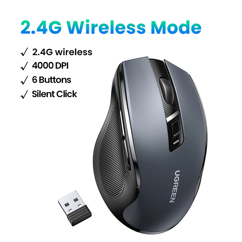Ugreen mouse ergonômico sem fio 4000 dpi silencioso 6 botões para macbook tablet portátil mudo ratos silencioso 2.4g mouse